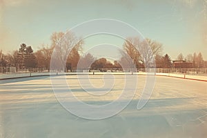 An ice rink devoid of people, surrounded by trees in the distant background, A vintage style postcard of a serene, empty ice rink