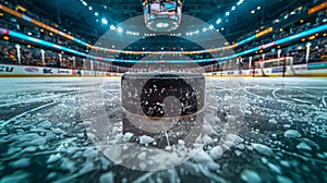 An ice rink with a hockey puck gliding effortlessly across the smooth surface, creating a sense of anticipation and