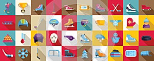 Ice rink icons set flat vector. Activity athlete champion