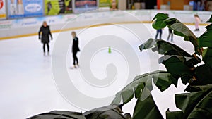 Ice Rink. People are skating at the mall in a blur