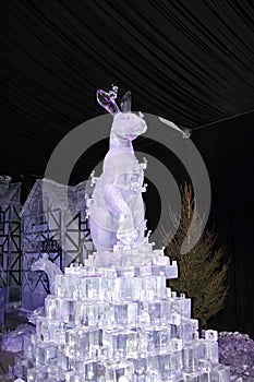 Ice sculpture of a hare on an ice mountain