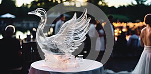 A ice sculpture of a swan spreading it\'s wings, a ornament centrepiece at a wedding reception