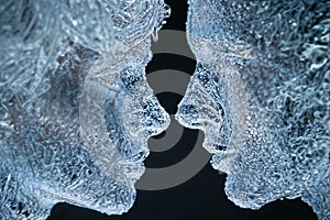 Ice Sculpture, Two Lovers Faces Preparing to Kiss