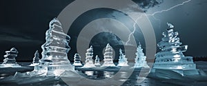 Ice Sculptures Illuminated During Thunderstorm.