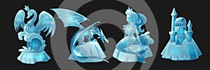 Ice sculptures, statues of swan, dragon, castle