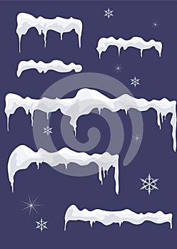 Ice-sheet with icicles, stars and snowflakes. Snow top.
