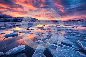 ice sheets breaking apart during sunset