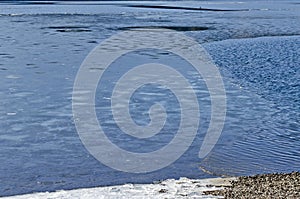 Ice at shore and frozen water in the dam, Pancharevo