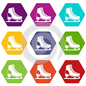 Ice skate icon set color hexahedron