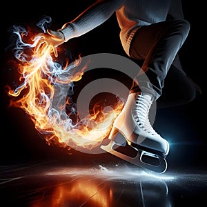 Ice skater skating with fire coming out of hands and shoes on black background