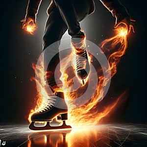 Ice skater skating with fire coming out of hands and shoes on black background