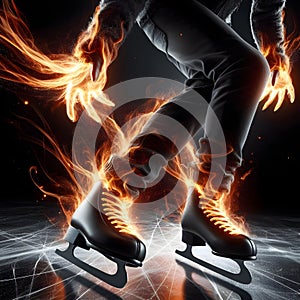 Ice skater skating with fire coming out of hands and shoes on black background