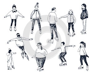 Ice skaters. Hand drawn vector clipart