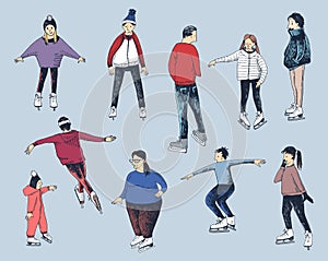 Ice skaters. Hand drawn vector clipart