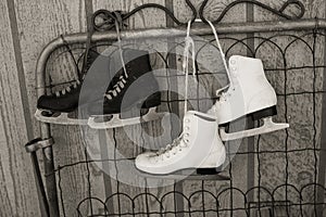 Ice skates in black and white