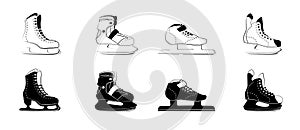 Ice skates glyph icons - figure, fitness, Racing, hockey. Type of ice skate boots. Winter sport equipment logo in black