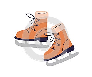 Ice skates pair. Figure skating boots, laced shoes with blades, fur. Skaters footwear for winter rink sport. Flat vector