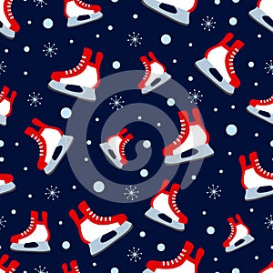 Ice skates seamless pattern. Winter sports vector illustration. Cute ice skate on a dark background. Outdoors repeated