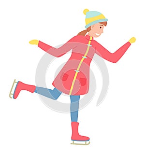 Ice skating girl on frozen surface. Vector cartoon small child wearing warm clothes with smile