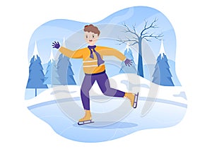 Ice Skating Hand Drawn Cartoon Flat Illustration of Winter Fun Outdoors Sport Activities on Ice Rink with Seasonal Outerwear