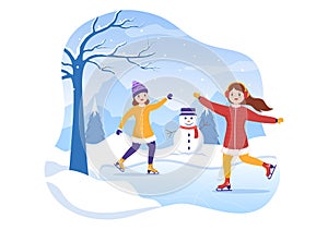 Ice Skating Hand Drawn Cartoon Flat Illustration of Winter Fun Outdoors Sport Activities on Ice Rink with Seasonal Outerwear