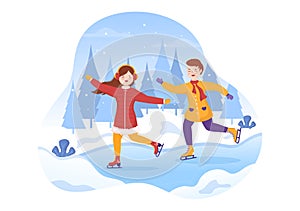 Ice Skating Hand Drawn Cartoon Flat Illustration of Winter Fun Outdoors Sport Activities on Ice Rink with Seasonal Outerwear