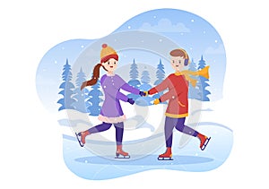 Ice Skating Hand Drawn Cartoon Flat Illustration of Winter Fun Outdoors Sport Activities on Ice Rink with Seasonal Outerwear