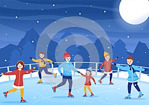 Ice Skating Hand Drawn Cartoon Flat Illustration of Winter Fun Outdoors Sport Activities on Ice Rink with Seasonal Outerwear