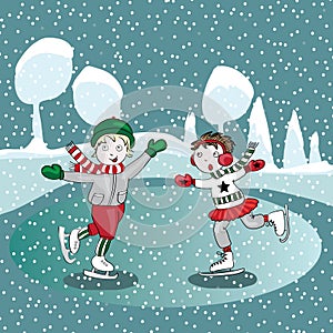 Ice skating kids in the winter. Vector illustration