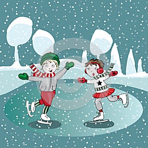 Ice skating kids in the winter. Vector illustration on turquoise background