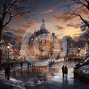 Ice Skating on Outdoor Rinks with Festive Scenes in Front of a Large Cathedral