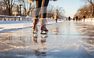 Ice skating outdoors in winter. Brown skates on the public close up.