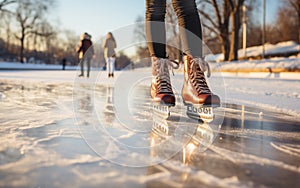 Ice skating outdoors in winter. Brown skates on the public close up.