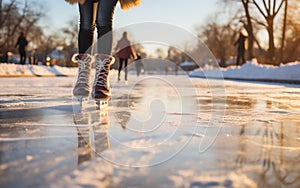 Ice skating outdoors in winter. Brown skates on the public close up.