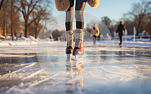 Ice skating outdoors in winter. Brown skates on the public close up.