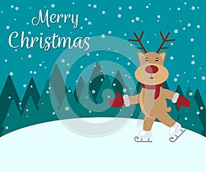 Ice skating Reindeer red-nosed cute cartoon with greeting banner snowy winter background. Christmas card. Vector