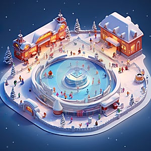 Ice Skating Rink frozen rinks with ice skaters winter wonderland scenes 3D Isometric gaming view