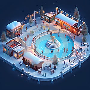 Ice Skating Rink frozen rinks with ice skaters winter wonderland scenes 3D Isometric gaming view