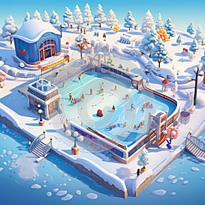 Ice Skating Rink frozen rinks with ice skaters winter wonderland scenes 3D Isometric gaming view