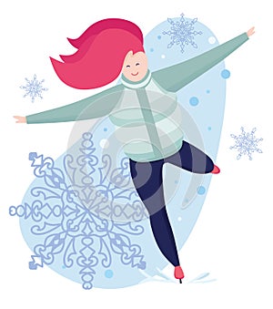 Ice skating. Woman skating on ice with figure skates outdoors in the snow. Colorful vector illustration in flat cartoon