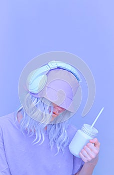 Ice Smoothie Dj Girl in stylish headphones and bucket hats. Minimal monochrome pastel colours trends