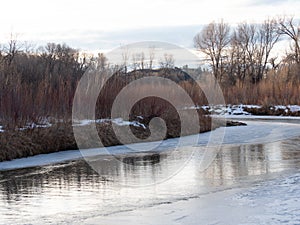 Ice and Snow on a Bend of the Little Bighorn River near Wyola, Montana, at Dawn