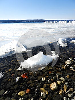 Ice and snow covered east shore of Cayuga Lake