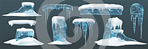 Ice and snow. Elements arctic snowy cold water winter. Realistic icon set, cartoon style. illustration
