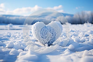 Ice or snow forms a heart shape on a white snow background with landscape of mountains, forests. Generative Ai.