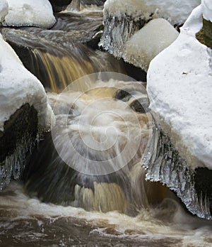 Ice and snow over moving water