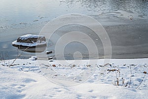 Ice snow rock water branches winter scene