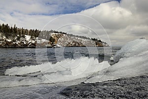 Ice and snow on the shore of Lake Superior, Shovel point in the distance.