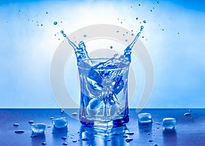 Ice splashing in a cool glass of water