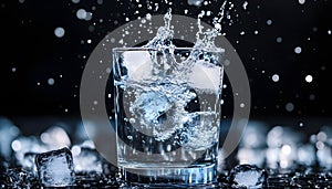 Ice splashing into a glass of water on a black background, summer